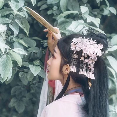 粉蝶花朵帶團扇女生頭像，唯美古風真人頭像