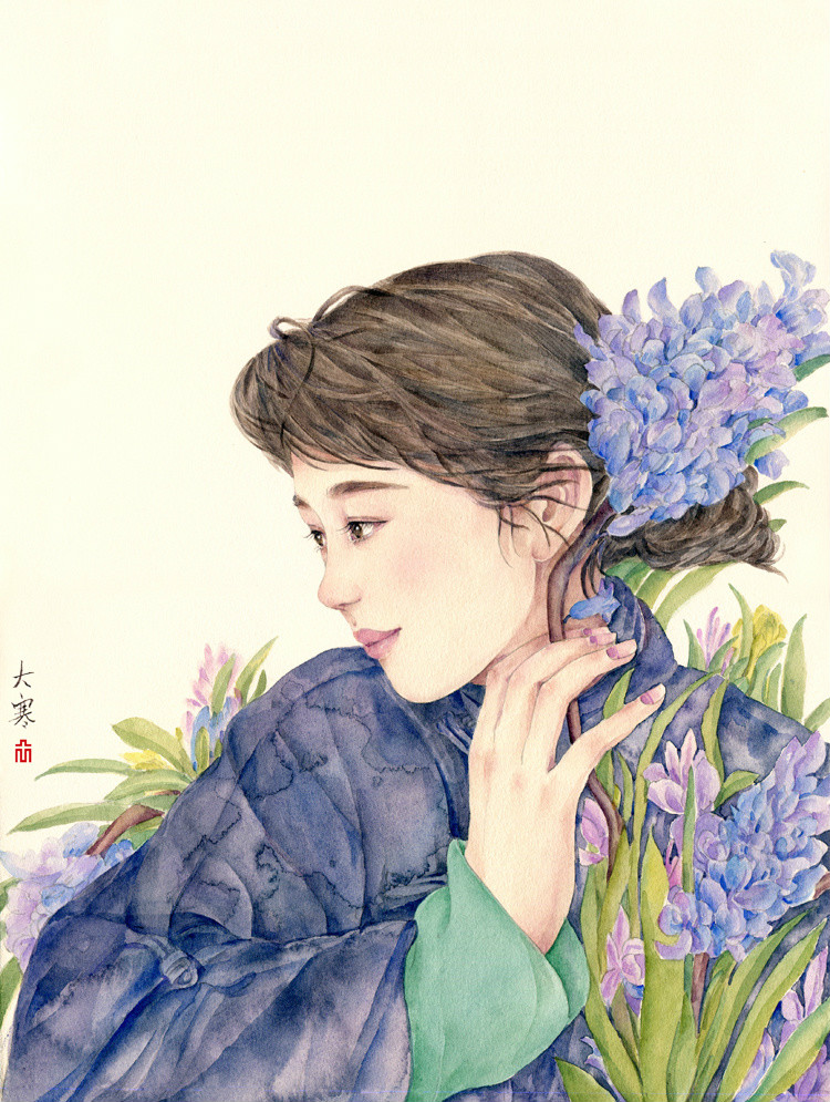 24節(jié)氣水彩手繪插畫，清新淡雅唯美女子插畫