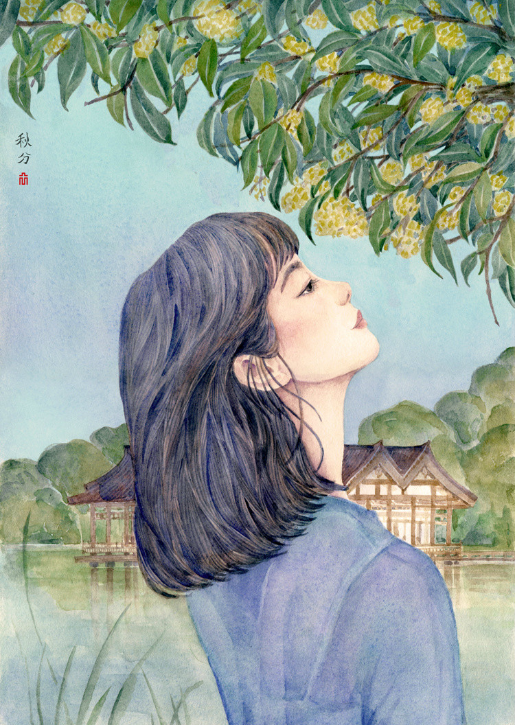 24節氣水彩手繪插畫，清新淡雅唯美女子插畫