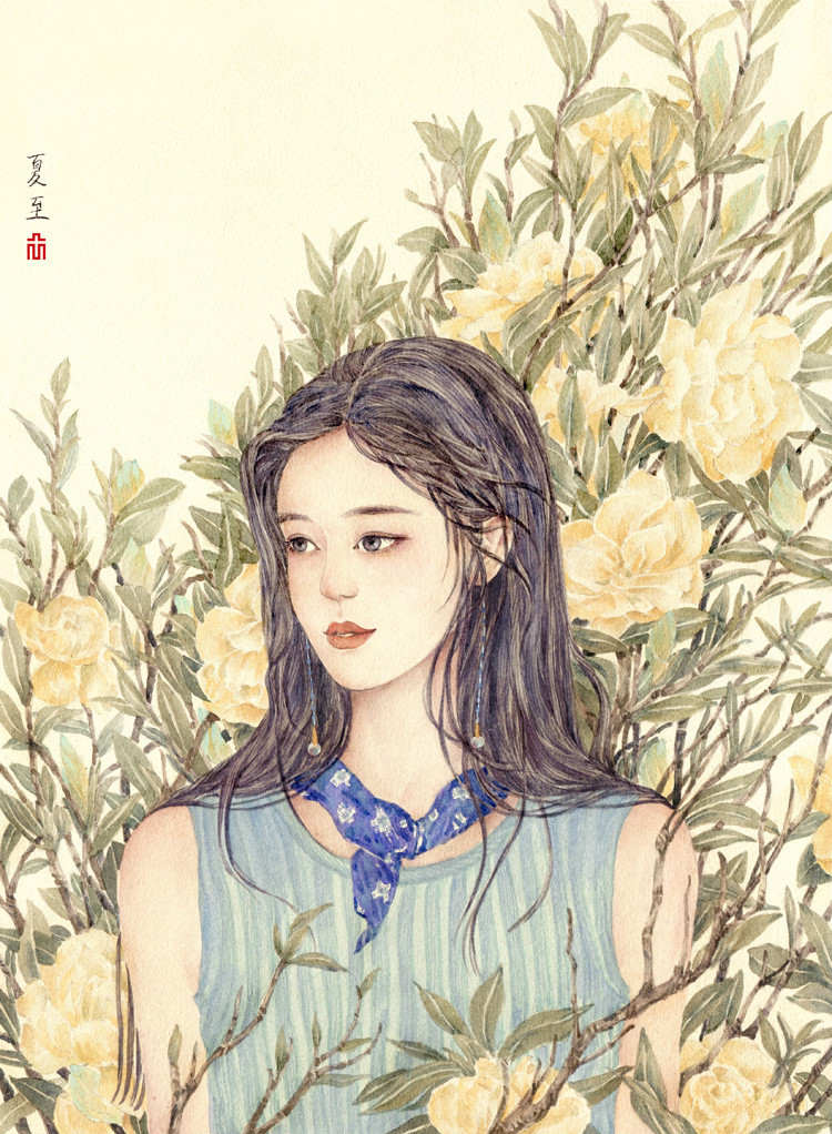 24節氣水彩手繪插畫，清新淡雅唯美女子插畫