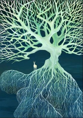 空靈浩大簡約插畫，風格靜謐手繪插畫