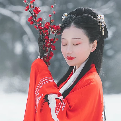 紅梅白雪彈琴女生頭像，唯美古風真人頭像