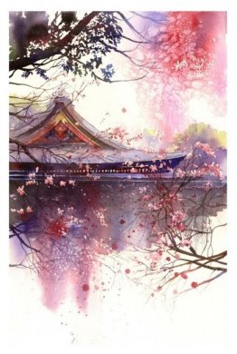 湖光月色插畫，景色秀麗手繪插畫