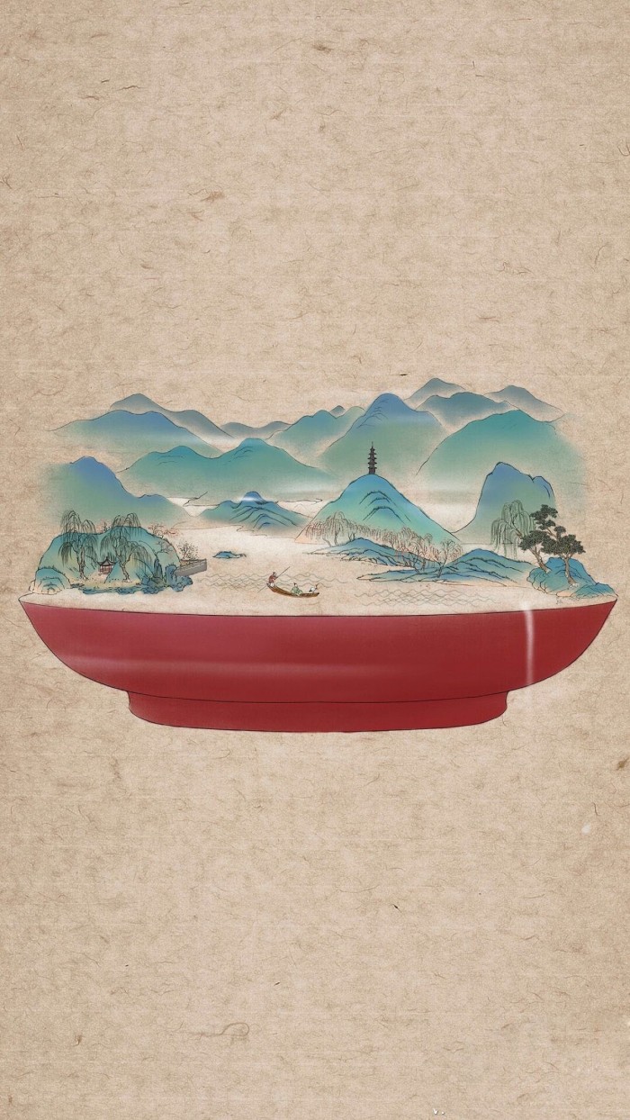 器具上的山河插畫，中國風創意手繪插畫