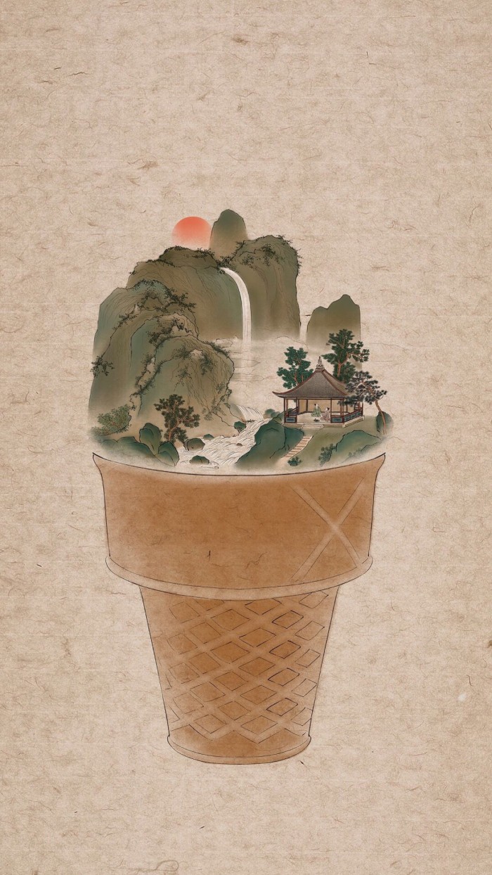器具上的山河插畫，中國風創意手繪插畫