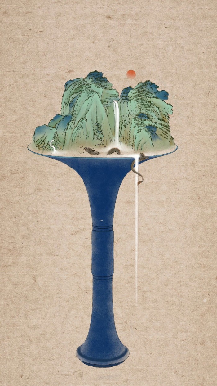 器具上的山河插畫，中國風創意手繪插畫