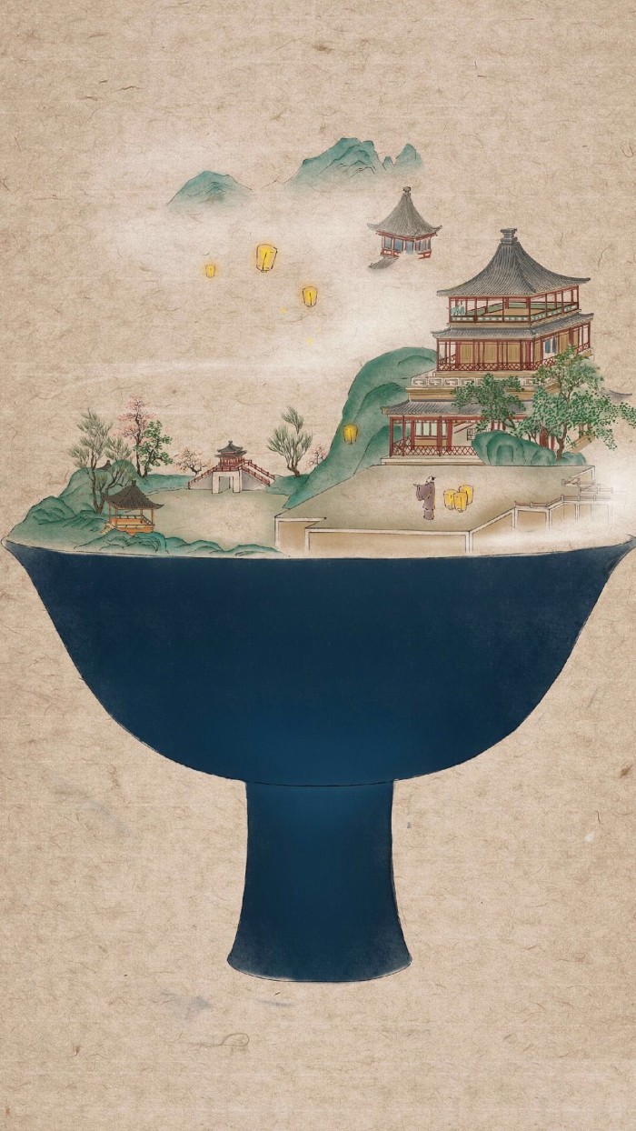 器具上的山河插畫，中國風創意手繪插畫