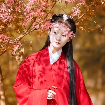 楓葉紅衣女生頭像，唯美古風真人頭像