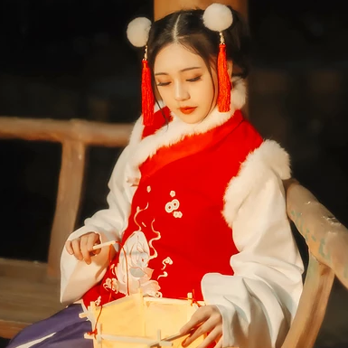 新春吉祥拿福女生頭像，蓮花燈唯美古風頭像