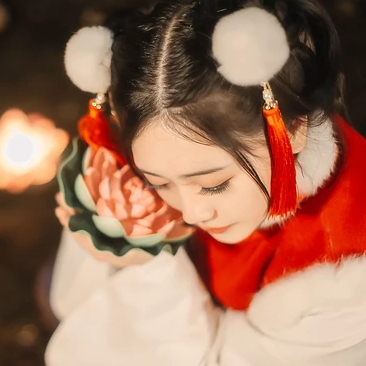 新春吉祥拿福女生頭像，蓮花燈唯美古風頭像