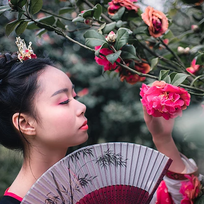 山茶花帶折扇女生頭像，唯美古風真人頭像