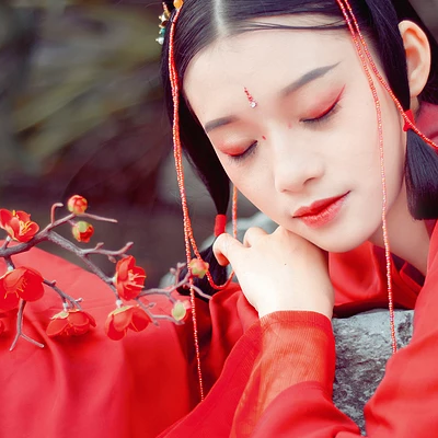 紅梅紅衣女生頭像，唯美古風真人頭像