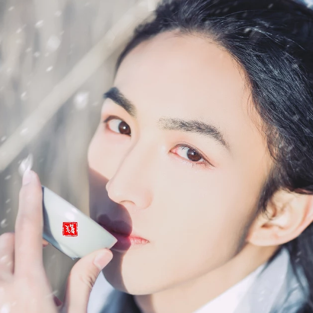 雪飄帶折扇白衣男生頭像，唯美古風真人頭像