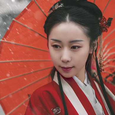 雪紛紛紅衣帶傘女生頭像，唯美古風真人頭像