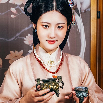 優雅復古帶團扇女子頭像，唯美古風真人頭像