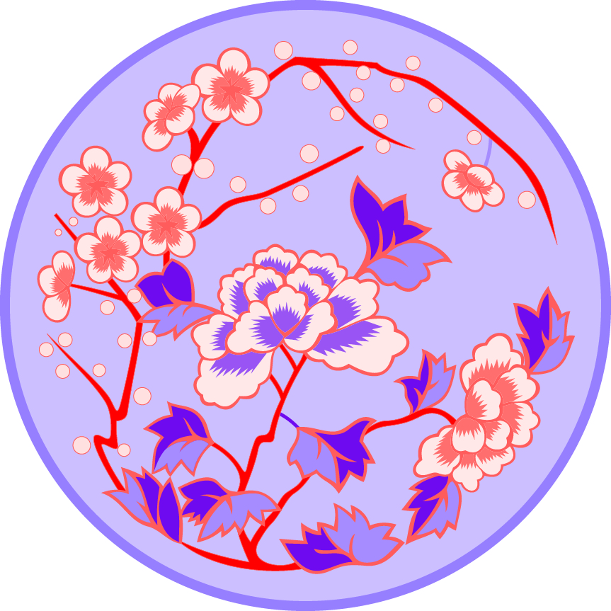 中國傳統刺繡桃花牡丹花圓形圖案，矢量素材
