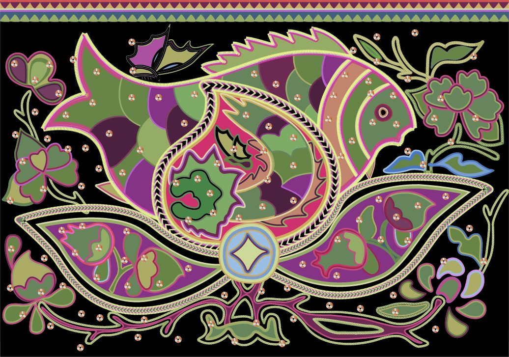 中國傳統刺繡吉祥魚圖案，矢量素材