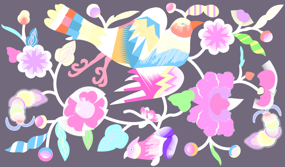 中國傳統刺繡花鳥圖案，矢量素材