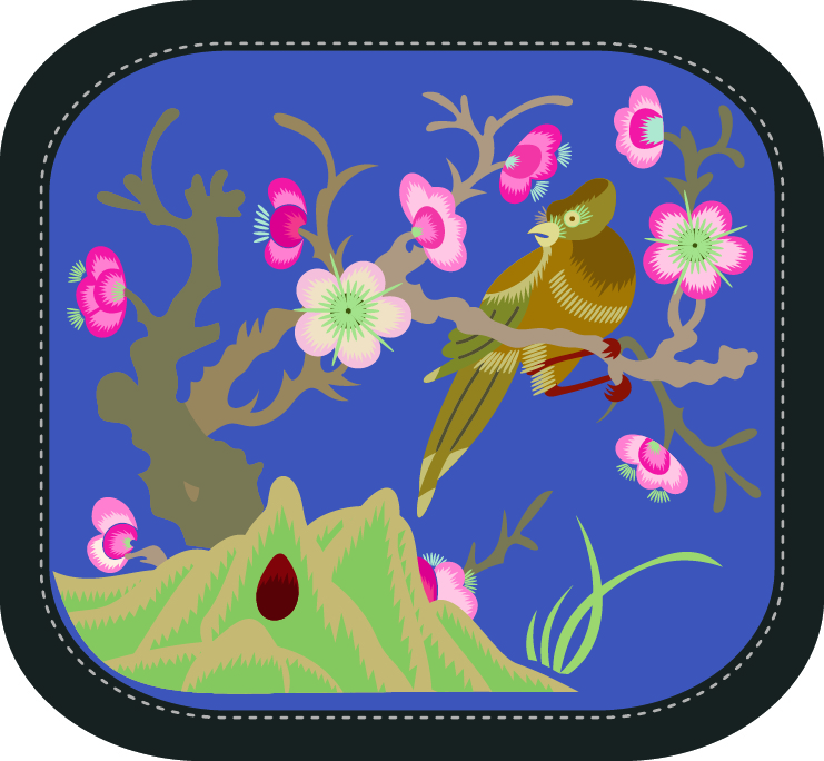 中國傳統刺繡圖案桃花山鳥圖系列一，矢量素材